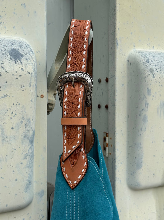 Darlin Duo - Teal With Floral tooled w/ White Buckstitch Strap