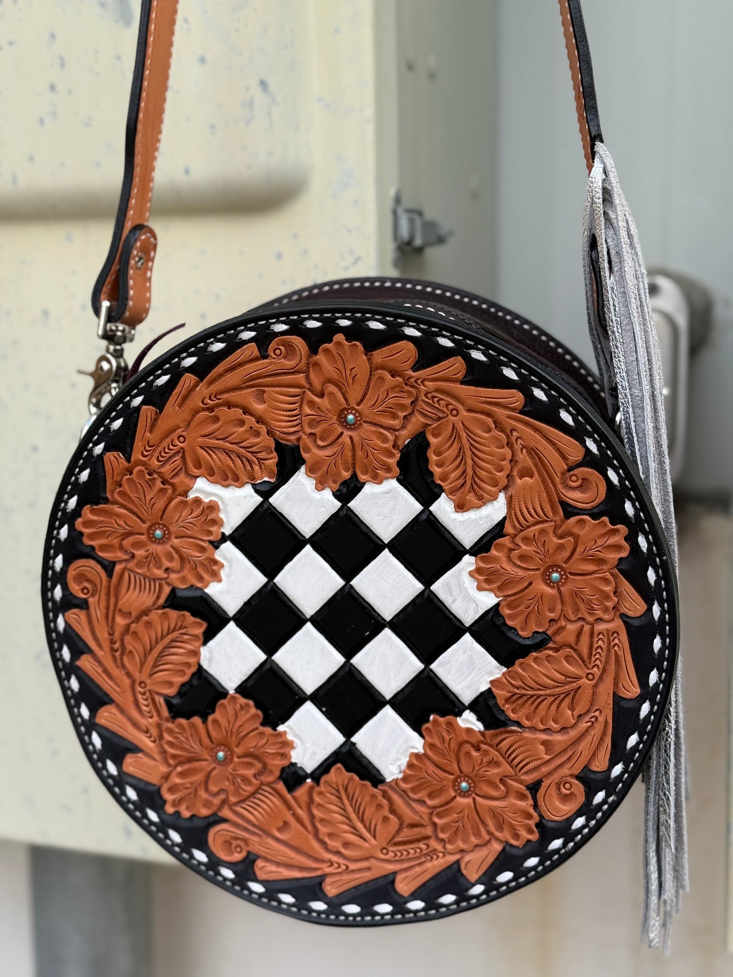 11" Canteen - Checkered w/ fringe strap
