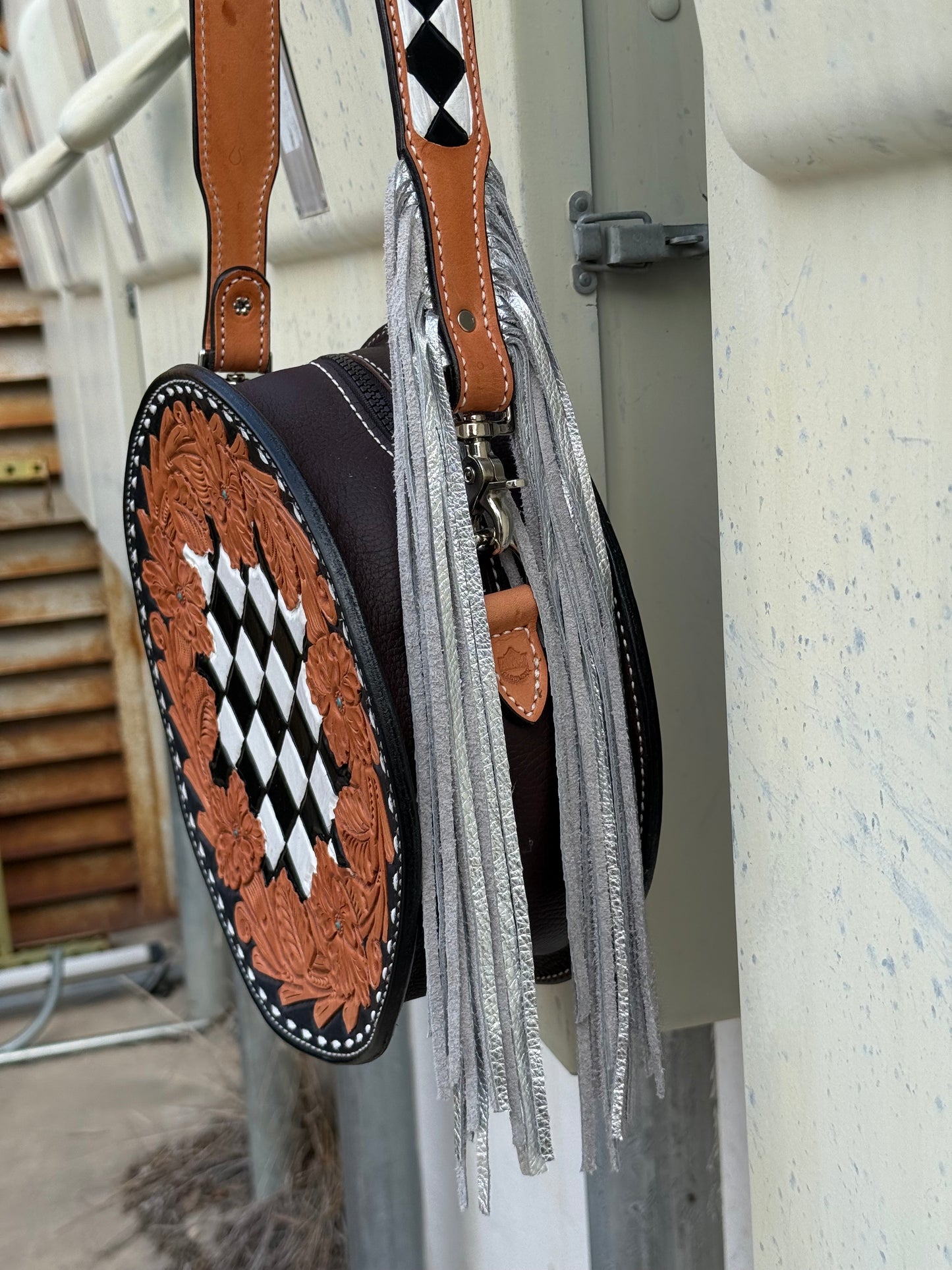 11" Canteen - Checkered w/ fringe strap