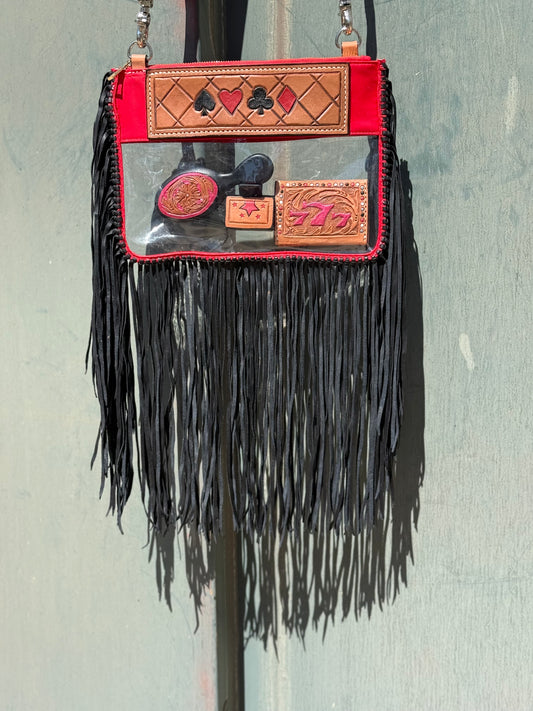 Clear Travel Bag- Card Icons Red with Fringe