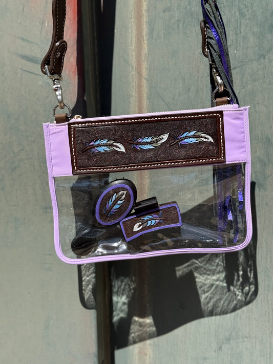 Clear Travel Bag- Feather on purple