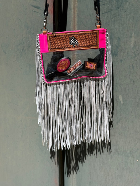 Clear Travel Bag- Checkered ace Hot pink with Fringe