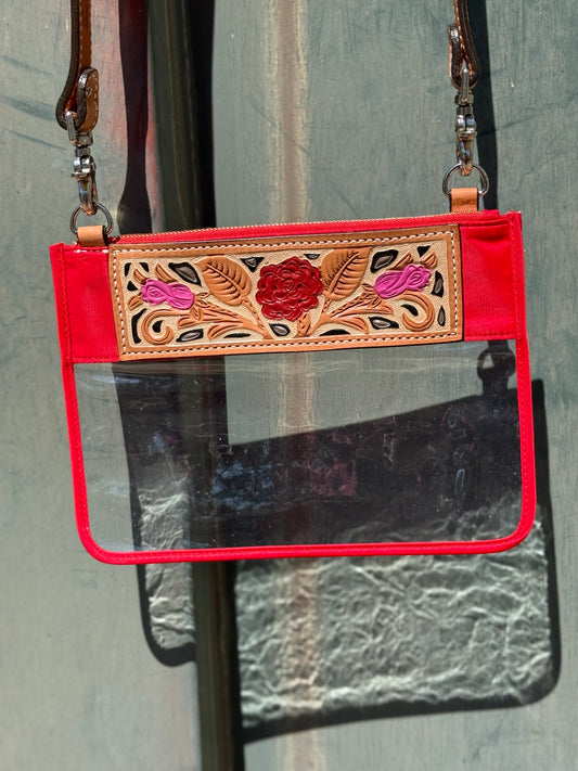 Clear Travel Bag- Cheetah Rose on Red