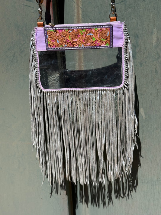 Clear Travel Bag- Confetti on purple with fringe