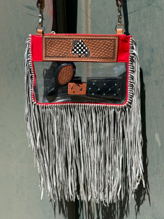 Clear Travel Bag-Checkered Ace on Red with Fringe