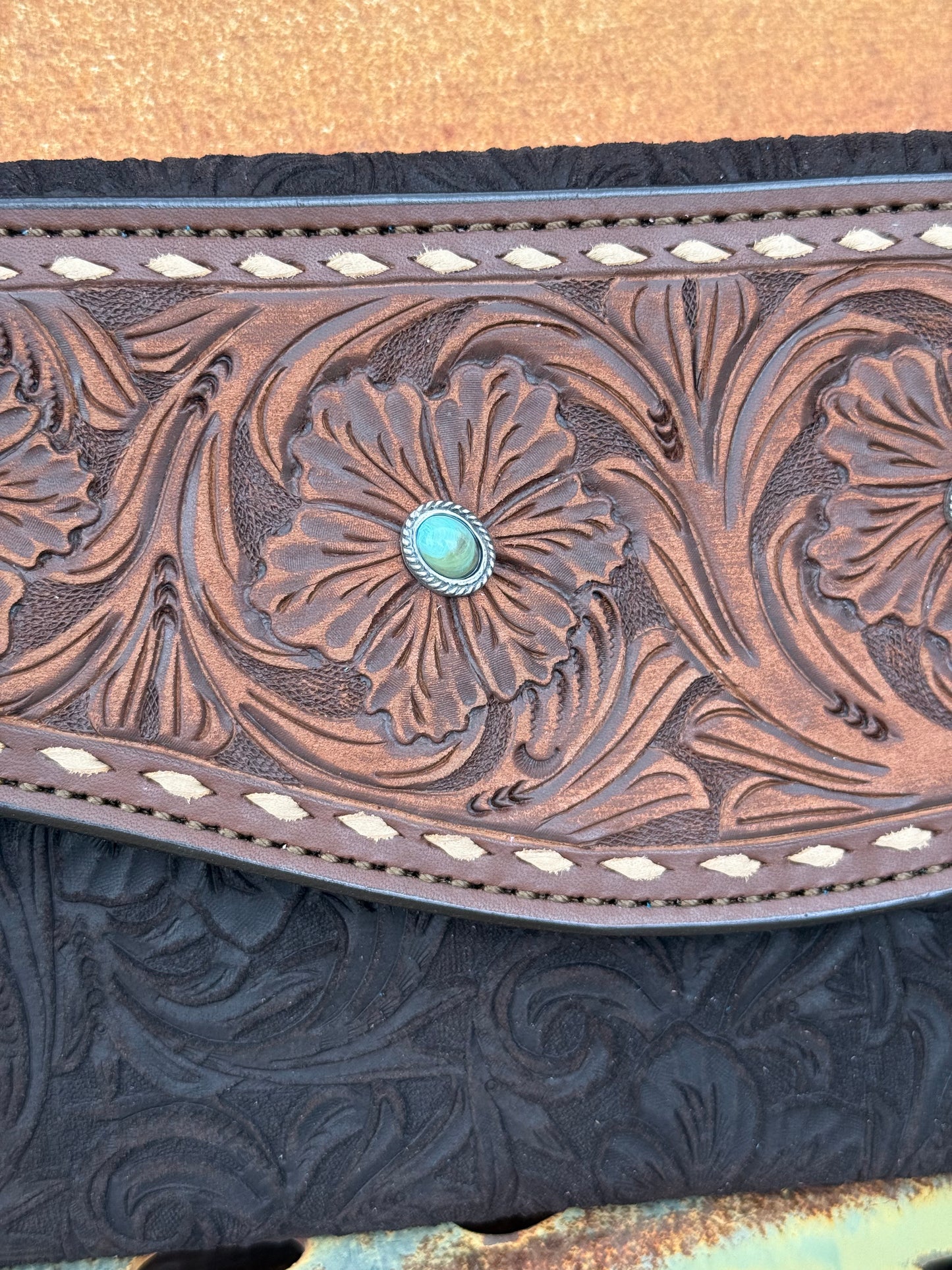 Fringe Clutch- Turquoise Stone (chocolate)
