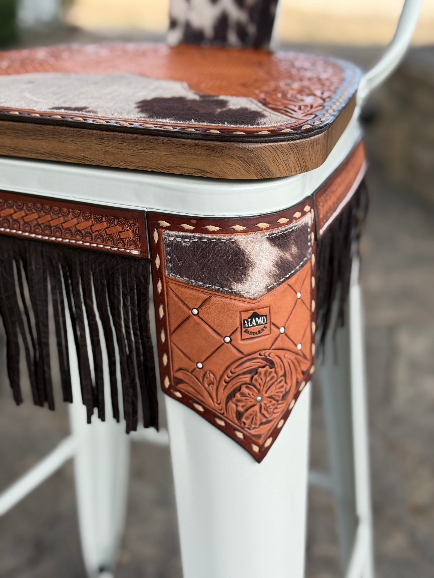(PRE-ORDER) COW SUEDE INLAY & FRINGE Bar Stools w/ TALL BACK