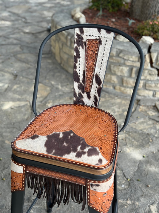 (STOCK) SET OF 2 30" BLACK SWIVEL BAR STOOL WITH GOLDEN COWBOY STITCH & FRINGE