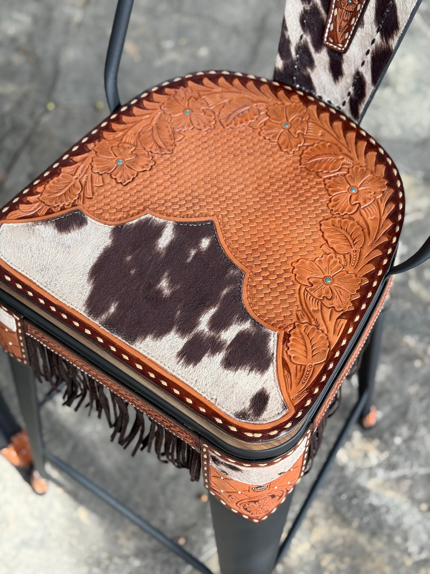 (PRE-ORDER) COW SUEDE INLAY & FRINGE Bar Stools w/ TALL BACK