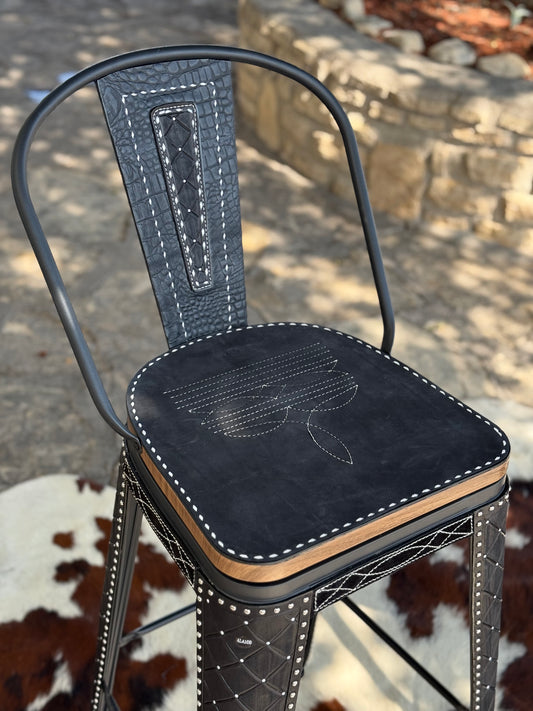 (STOCK) SET OF 2 30" BLACK SWIVEL BAR STOOL WITH BLACK COWBOY STITCH