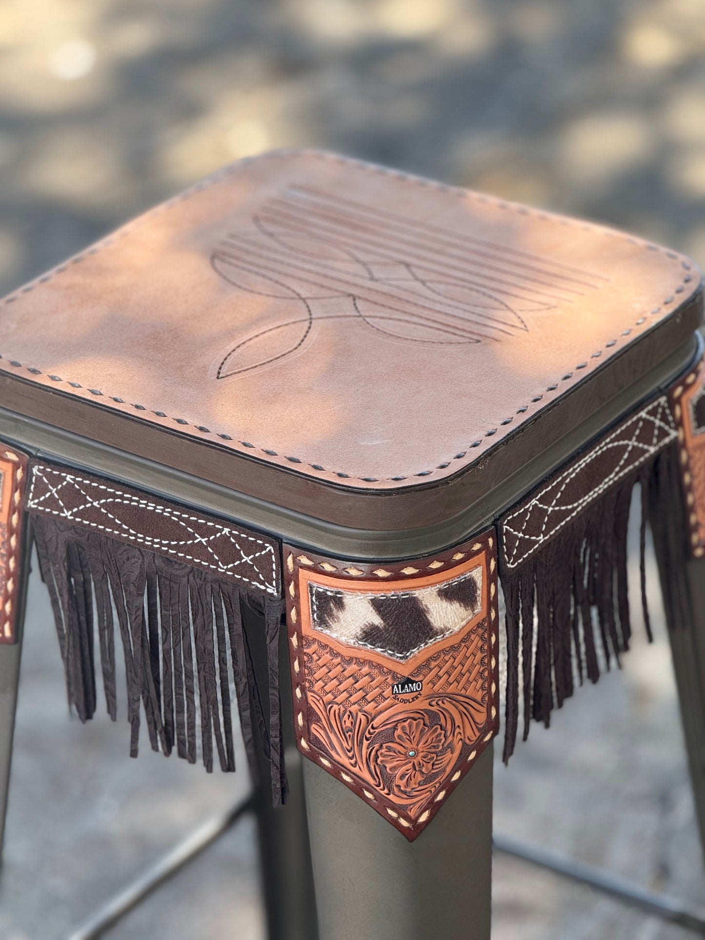 (STOCK) Set of 2 30" black bar stools w/ GOLDEN COWBOY STITCH & Fringe