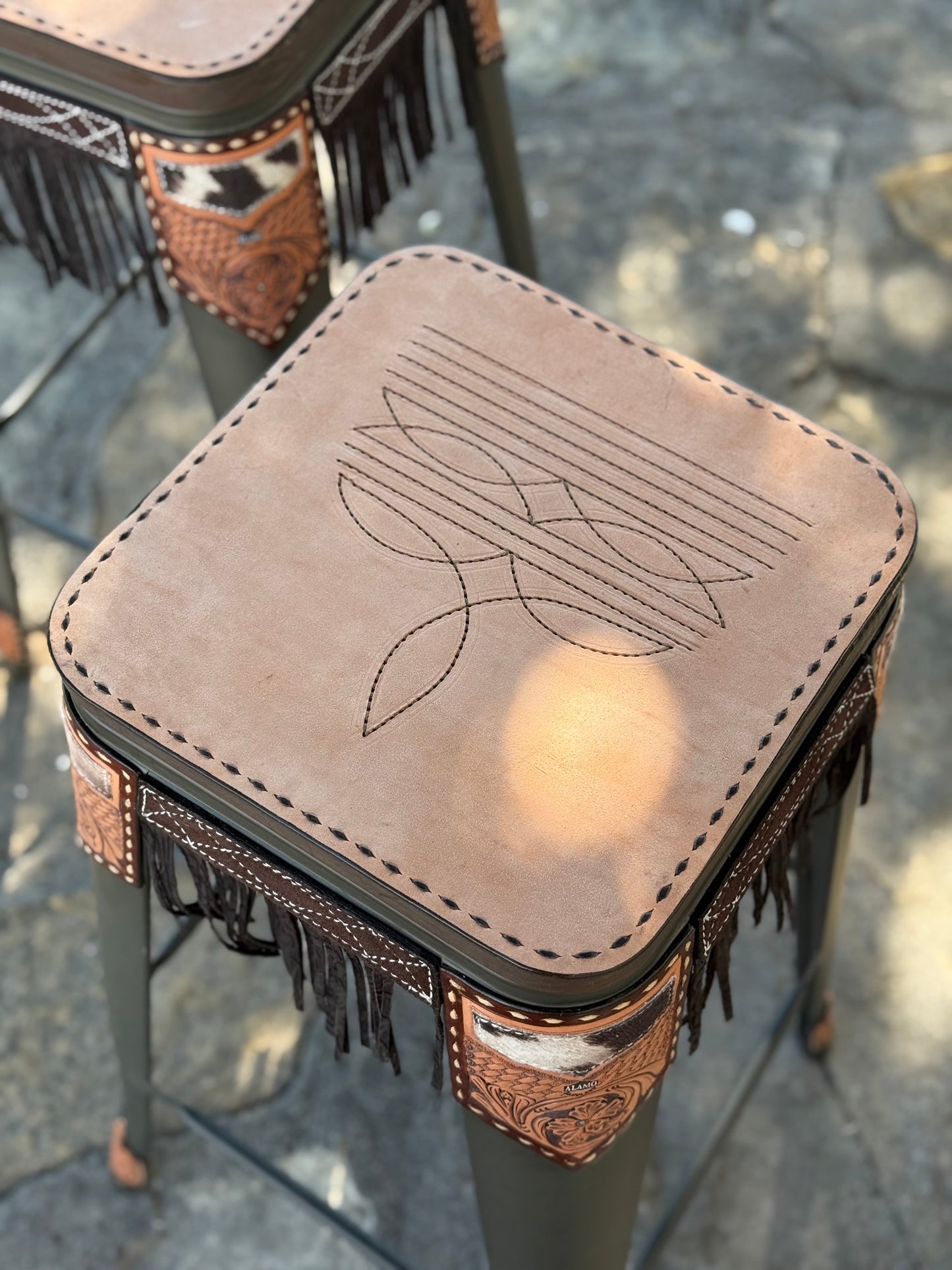 (STOCK) Set of 2 30" black bar stools w/ GOLDEN COWBOY STITCH & Fringe