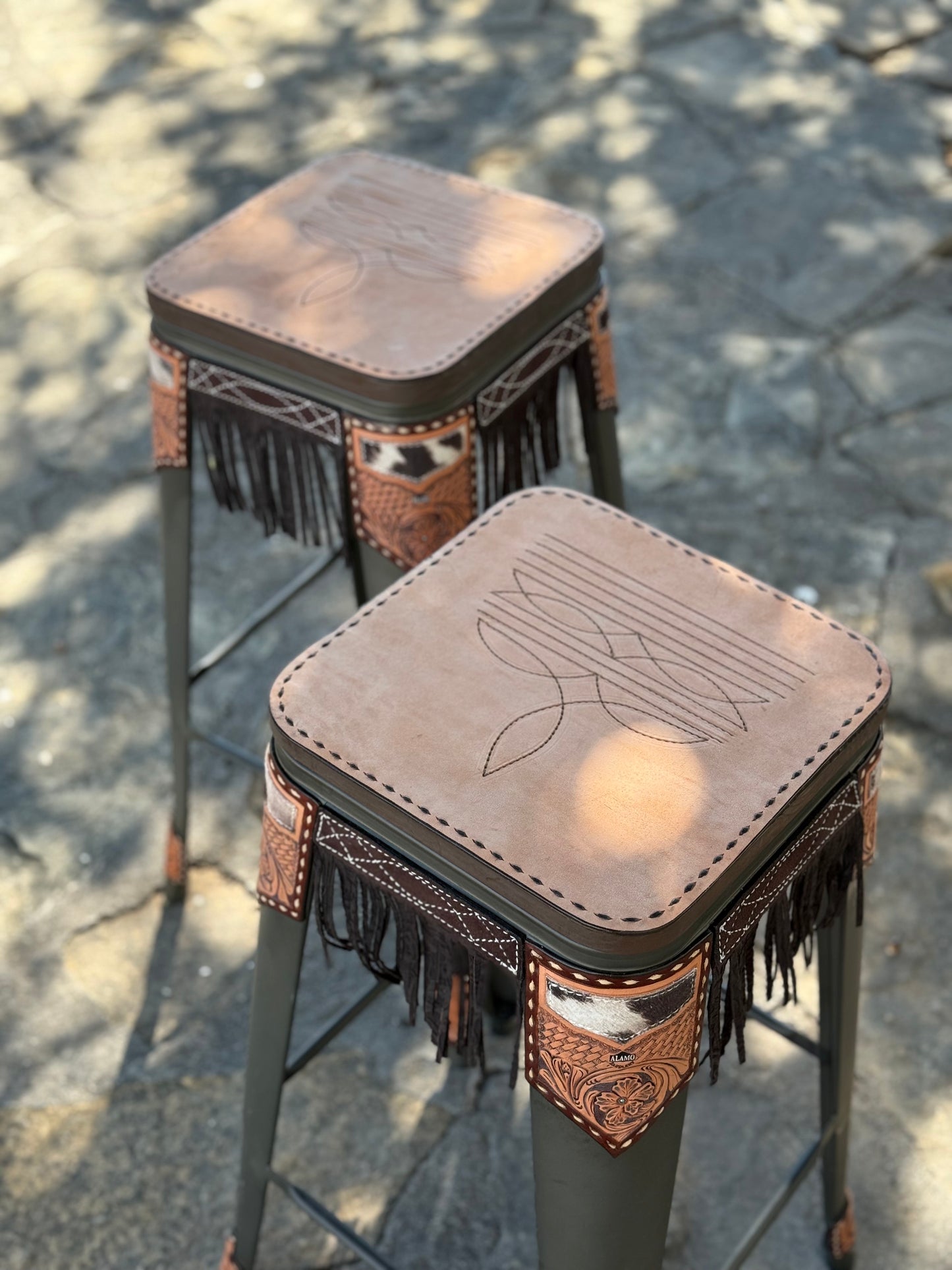 (STOCK) Set of 2 30" black bar stools w/ GOLDEN COWBOY STITCH & Fringe