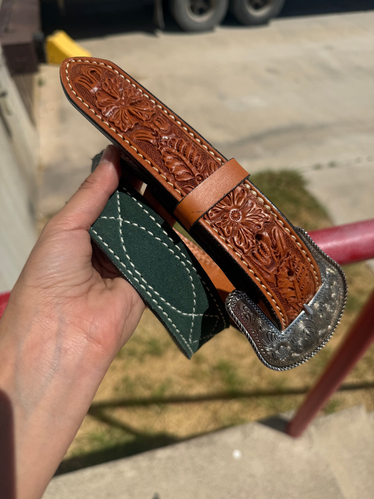 Clearance | Cowboy Stitch Belt w/ floral tips - Emerald