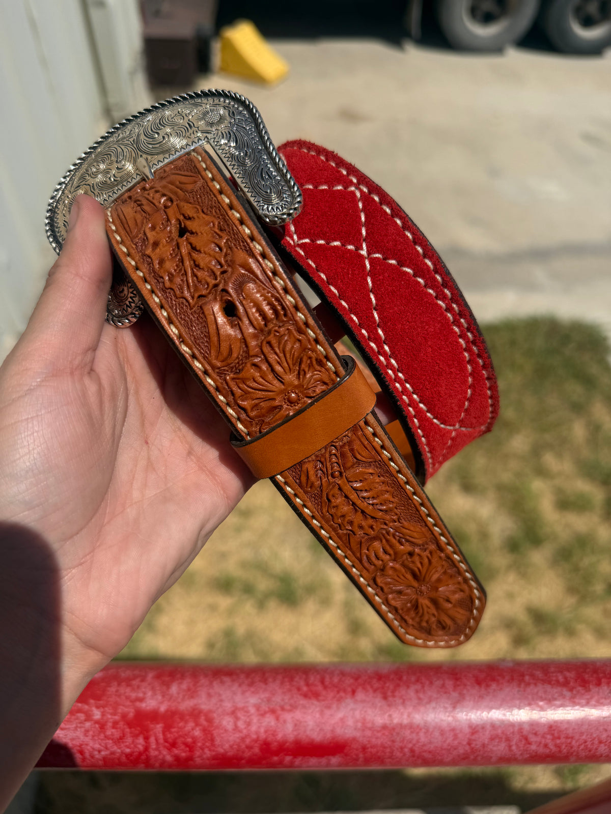 Clearance | Cowboy Stitch Belt w/ floral tips - Red