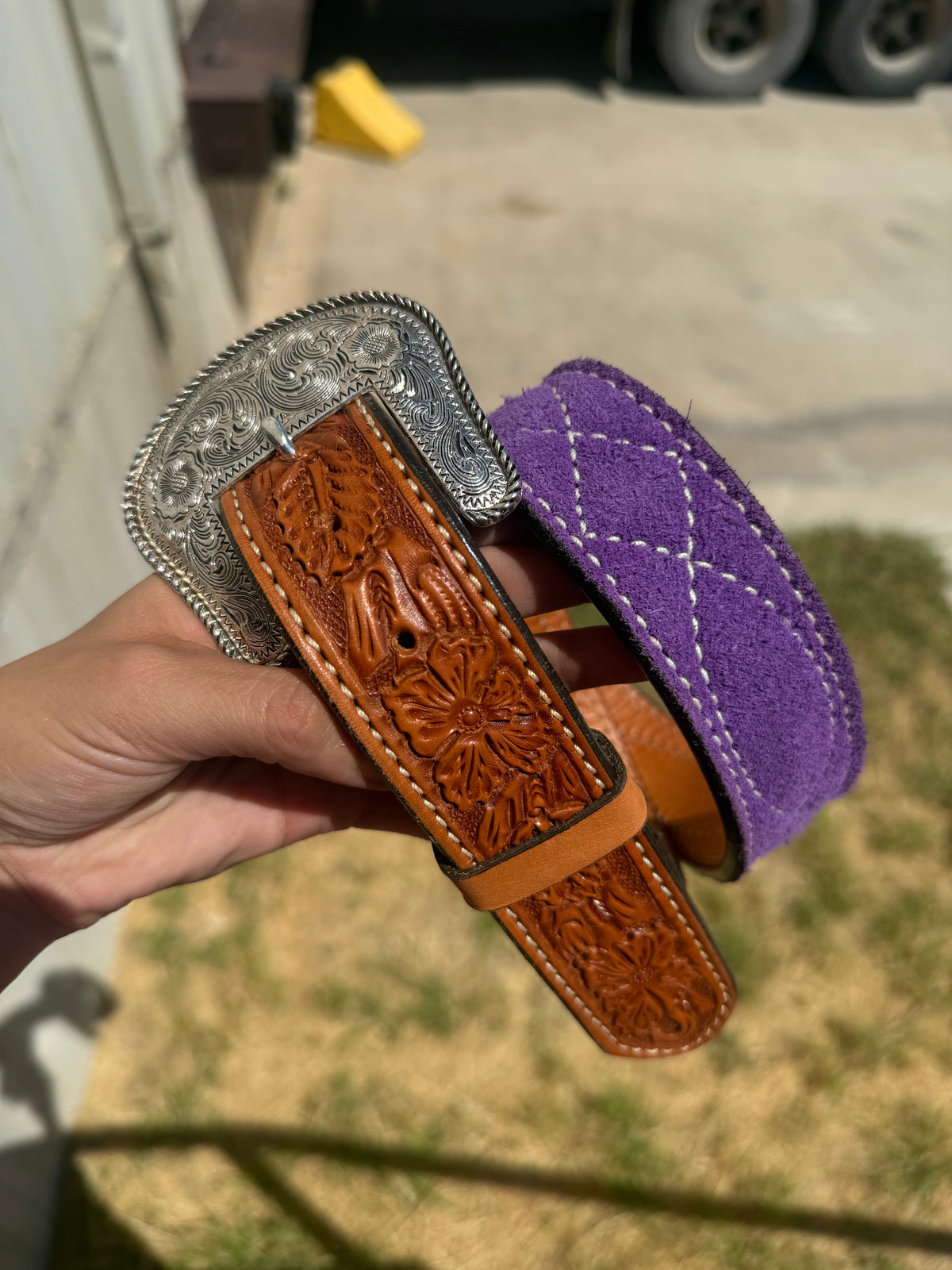 Clearance | Cowboy Stitch Belt w/ floral tips - Purple