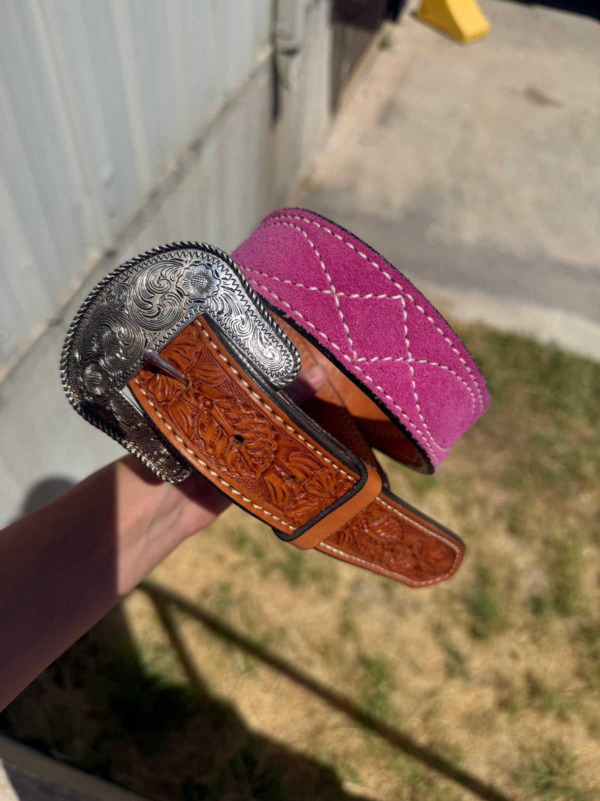 Clearance | Cowboy Stitch Belt w/ floral tips - pink