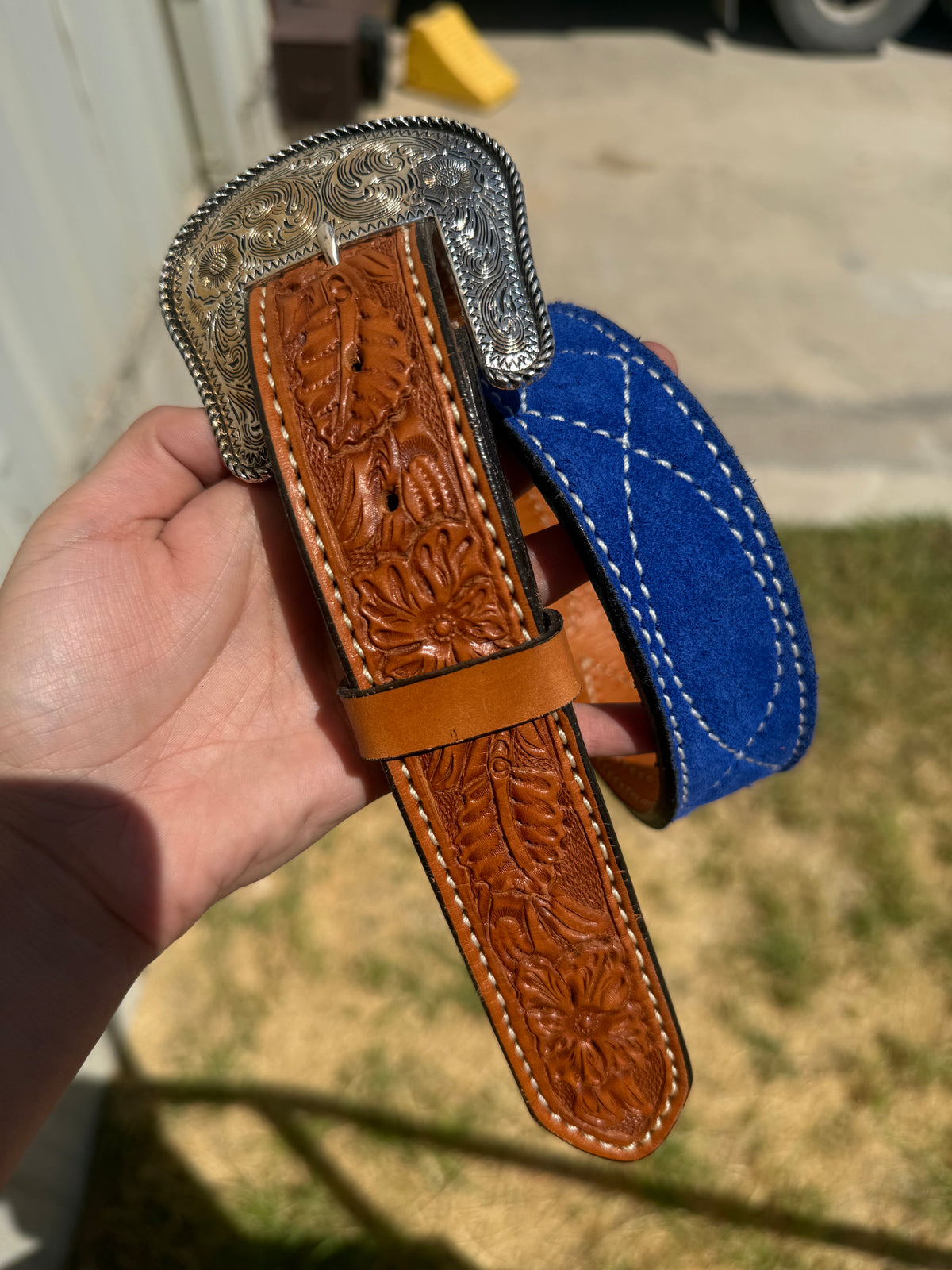 Clearance | Cowboy Stitch Belt w/ floral tips - Blue