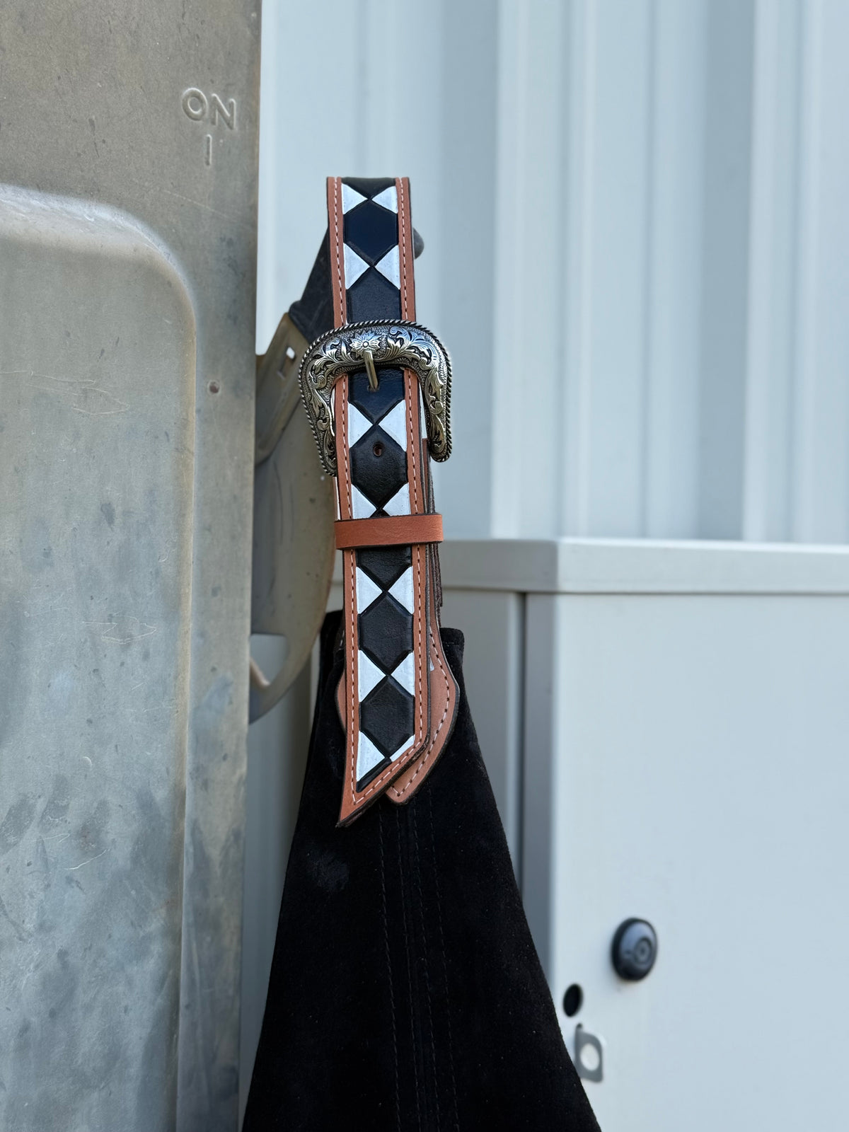 Belt Buckle Bag | Black w/ Checkered Strap