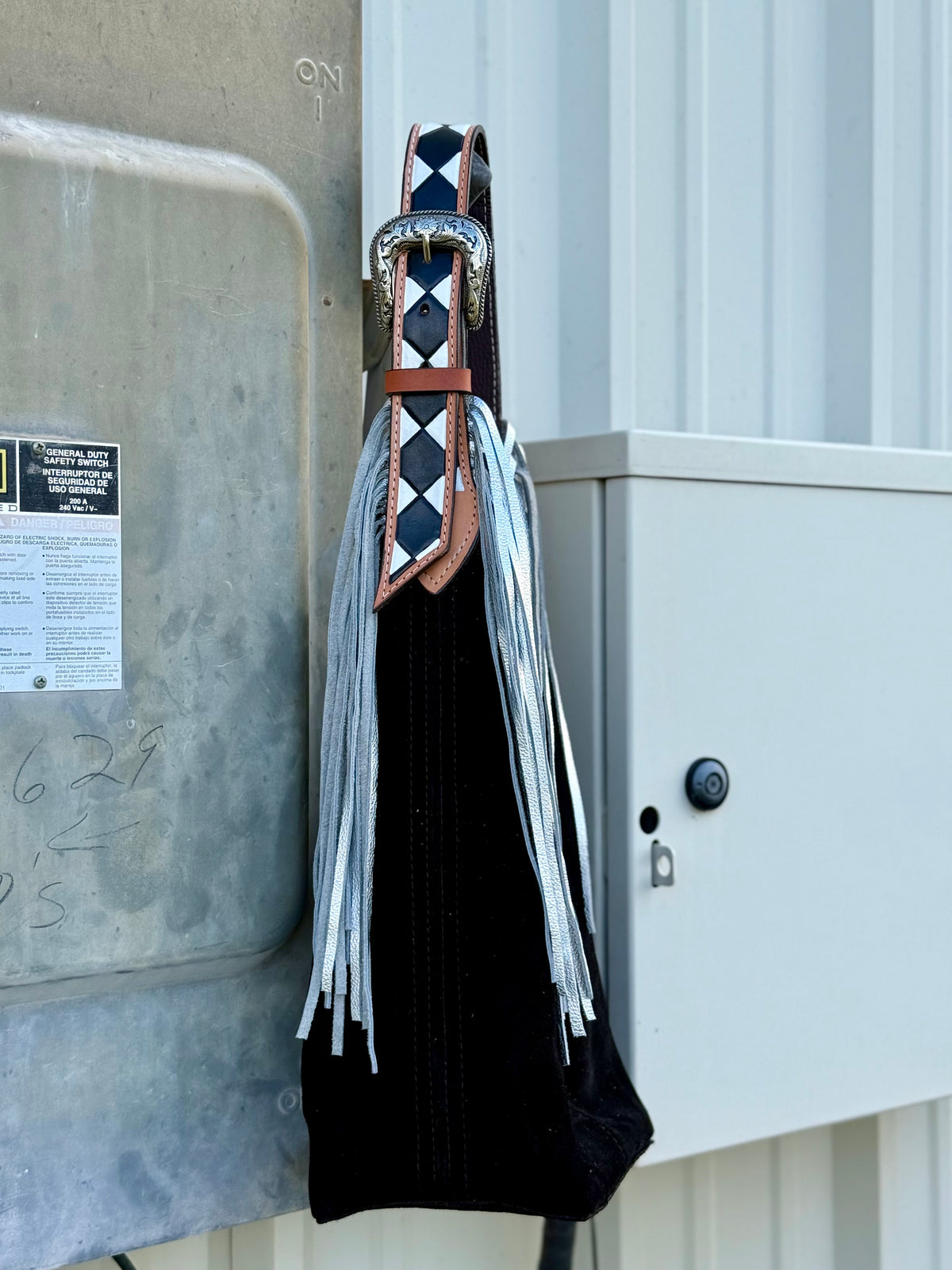 Belt Buckle Bag | Black w/ Checkered Strap w/ Fringe