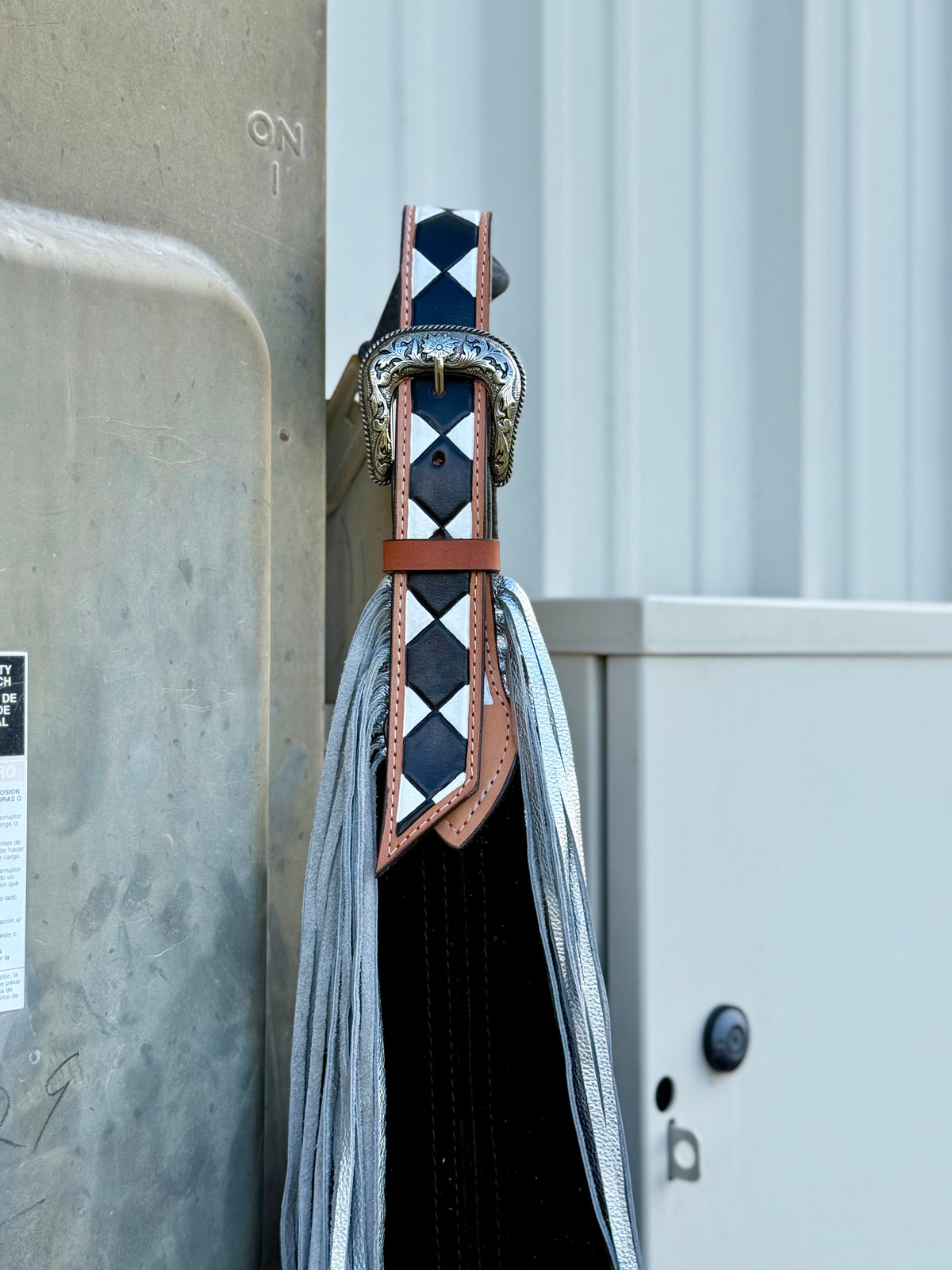 Belt Buckle Bag | Black w/ Checkered Strap w/ Fringe