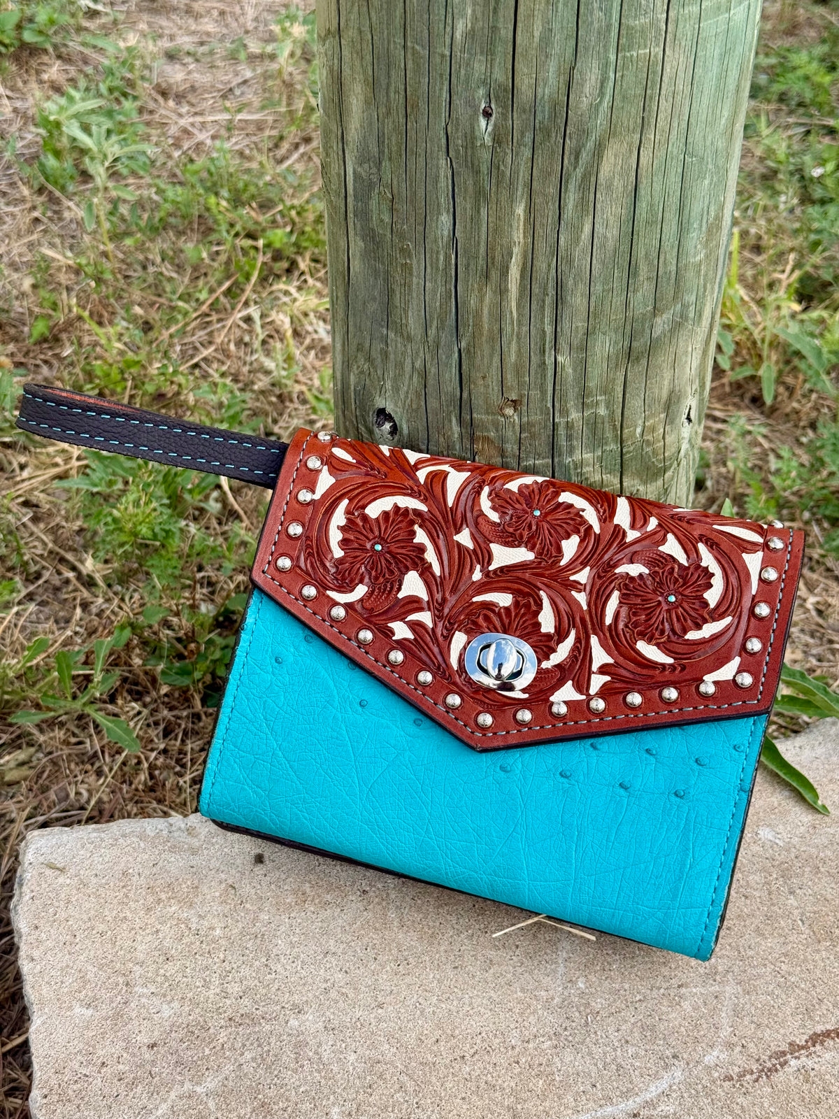 The Exotic Wallet Clutch | Whiskey & Turquoise Ostrich