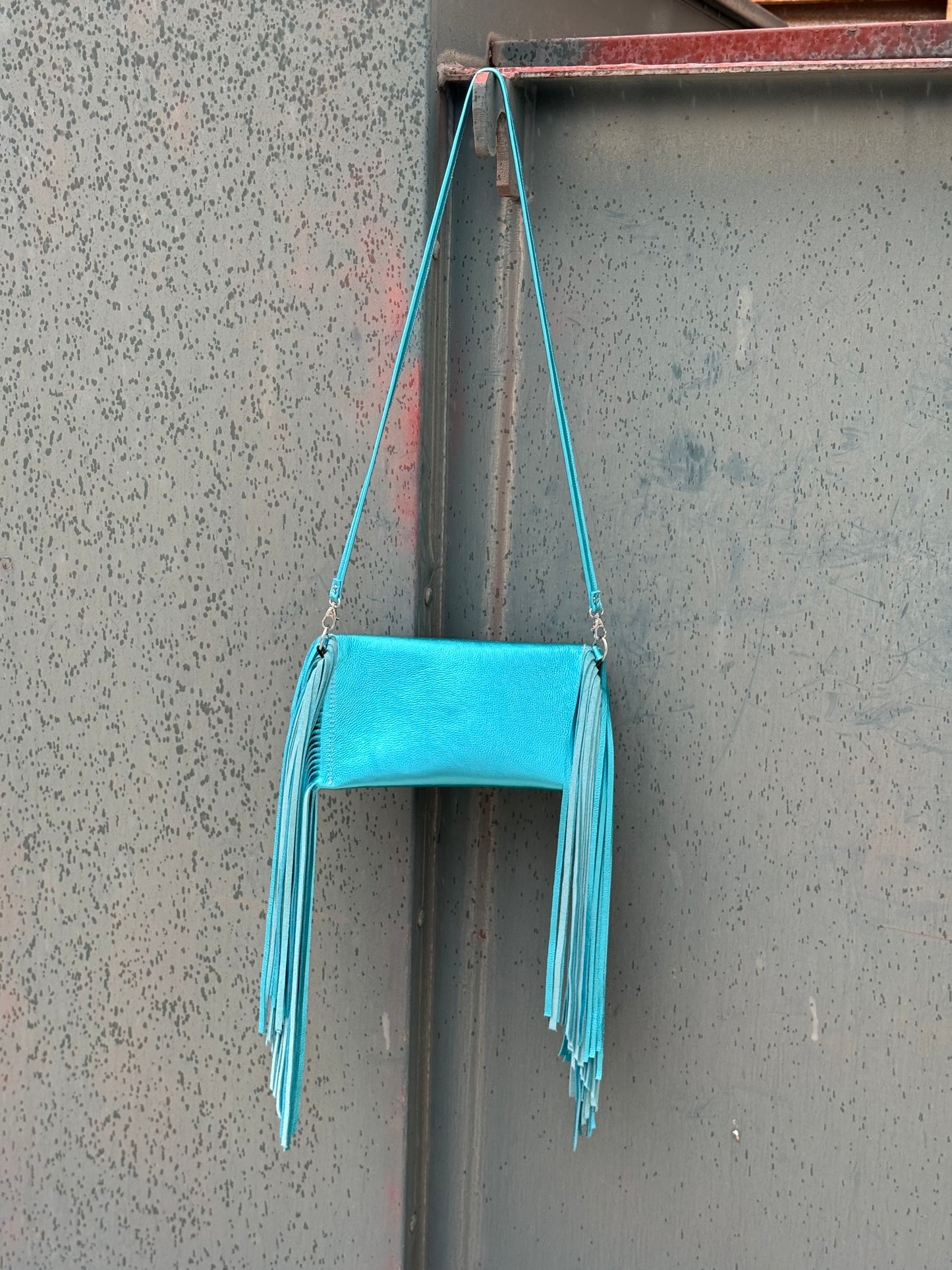 Fringe Clutch- Turquoise Metallic