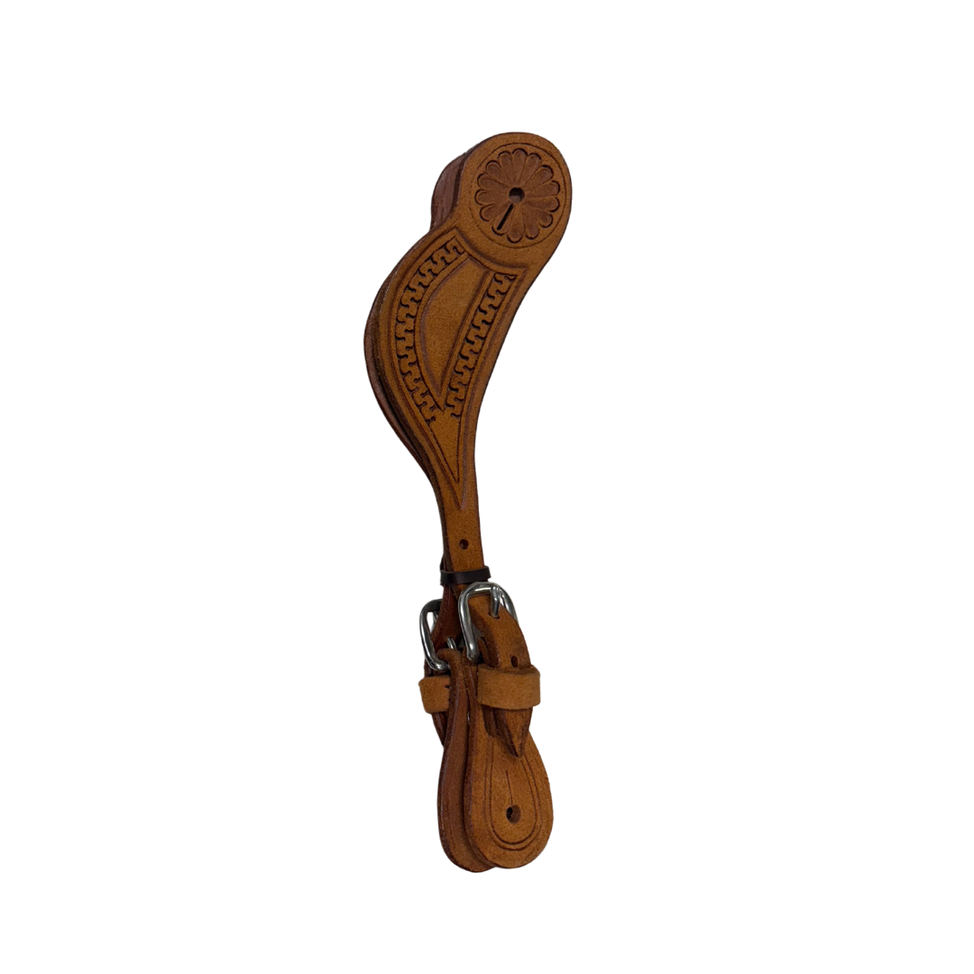 E-301RO Elite men's spur straps rough out golden leather border tooled