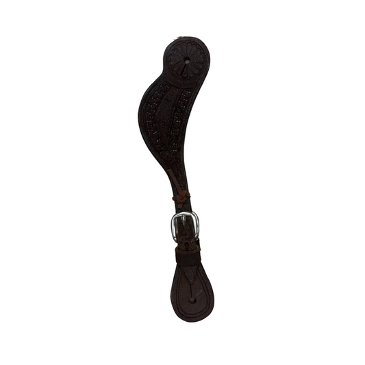 E-301CHO Elite men's spur straps roughout chocolate leather bordered tooled
