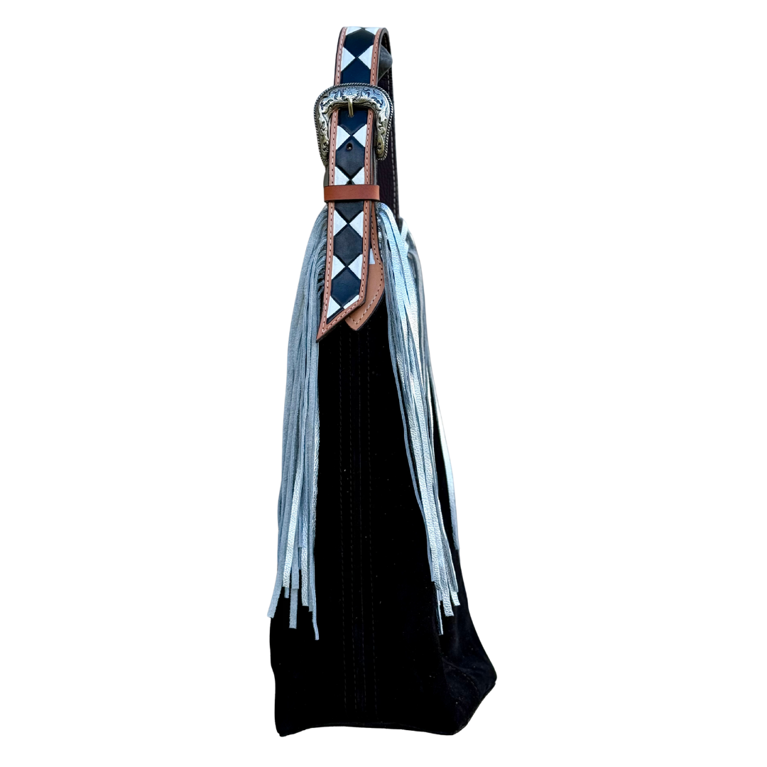 Belt Buckle Bag | Black w/ Checkered Strap w/ Fringe