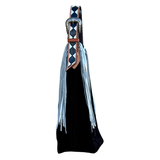Belt Buckle Bag | Black w/ Checkered Strap w/ Fringe