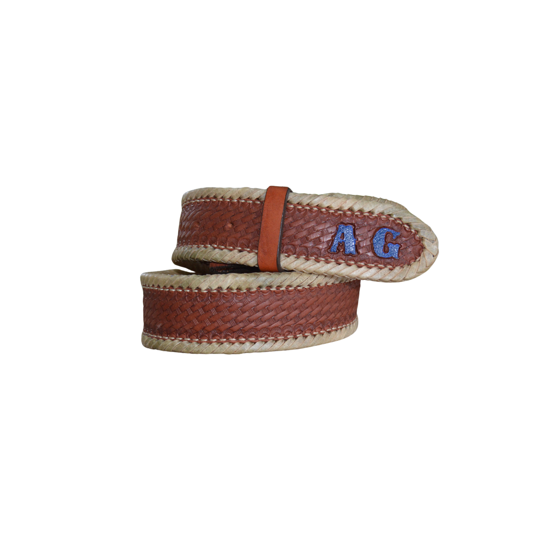 Hand Tooled Basket Weave Leather Belt | 1.5” Straight Western Belt with Rawhide Lacing | Custom Initial Belt