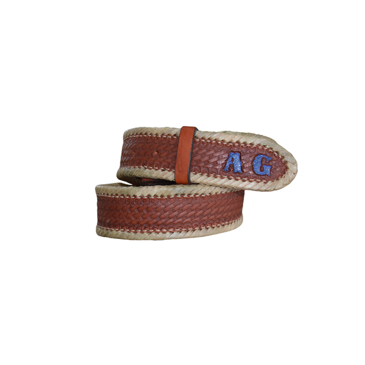 Hand Tooled Basket Weave Leather Belt | 1.5” Straight Western Belt with Rawhide Lacing | Custom Initial Belt