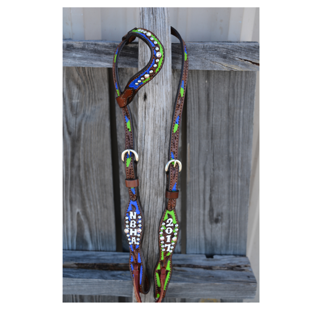 Rodeo Award | Wave one ear floral tooled w/ background paint & SS spots & Crystals
