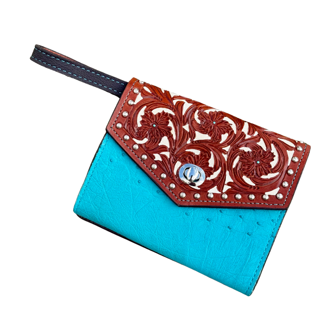 The Exotic Wallet Clutch | Whiskey & Turquoise Ostrich