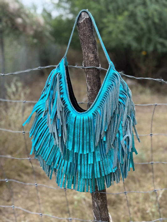Handmade Suede Fringe Handbag | Rowdy Rag Bag  Metallic Turquoise