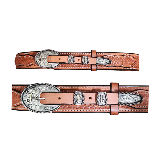 Custom 4-Piece Buckle Set with Ranger Belt (Basket Tooled) (SILVER FINISH)