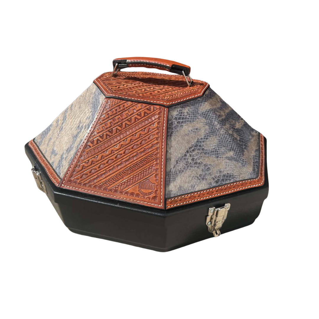 Leather Tooled Hat Can Carrier | Geo Aztec