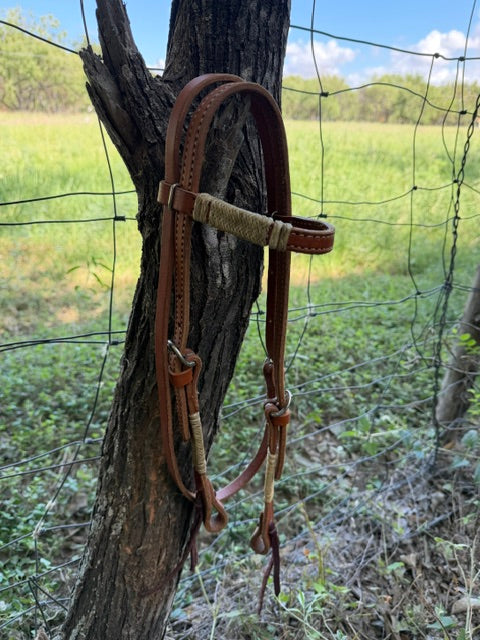 2971 1/2" Flat one ear headstall harness leather rawhide braiding with throat latch and suede beige tassel