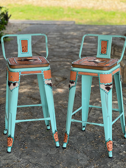 (STOCK!) SET OF 2 26" TURQUOISE SWIVEL  BAR STOOLS WITH TEXAS STATE INLAY