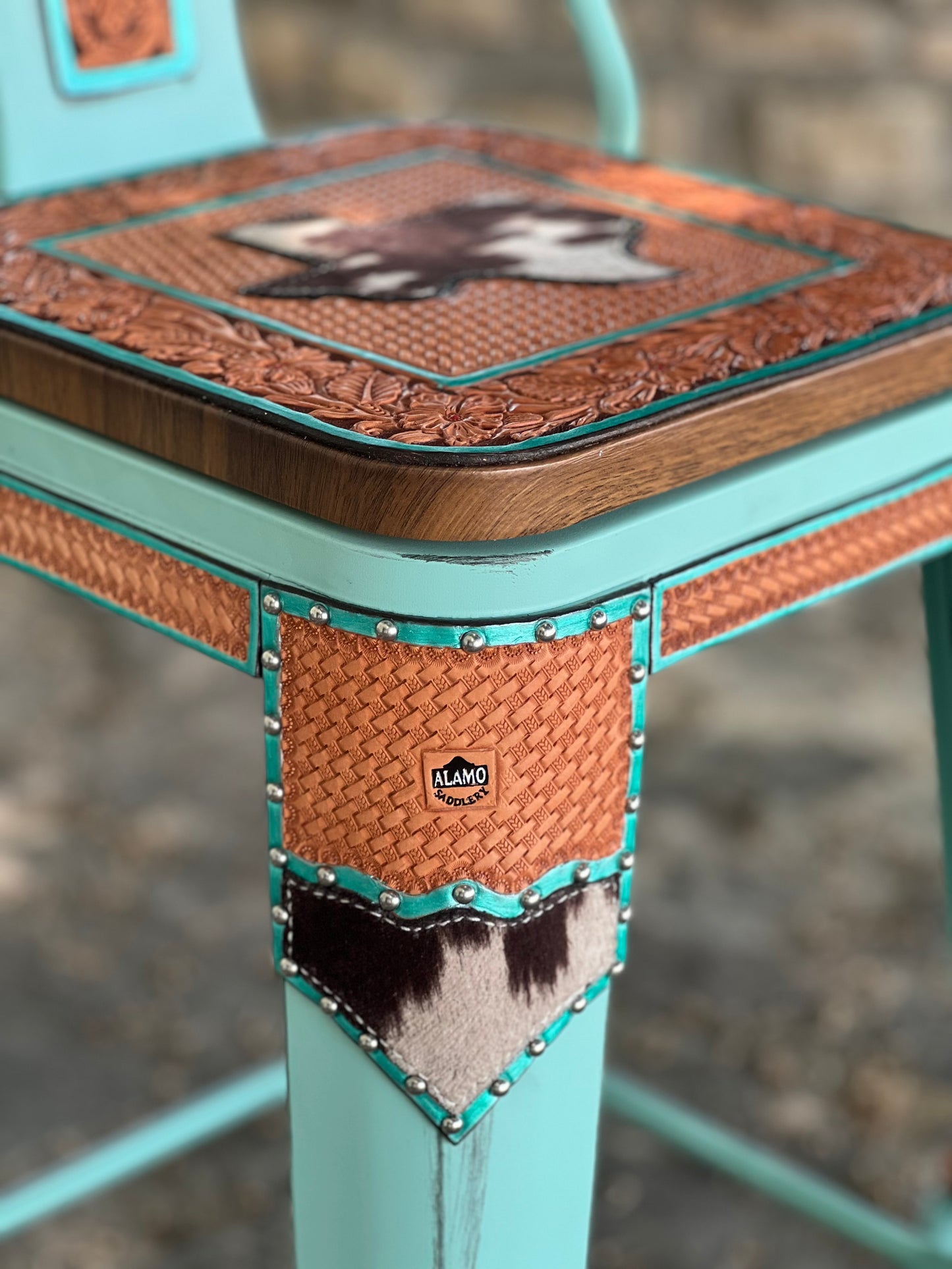 (STOCK!) SET OF 2 26" TURQUOISE SWIVEL  BAR STOOLS WITH TEXAS STATE INLAY