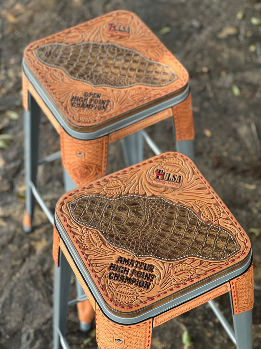 (PRE-ORDER) Set of 2  Bar stools with Brown Gator inlay (with logo and lettering)