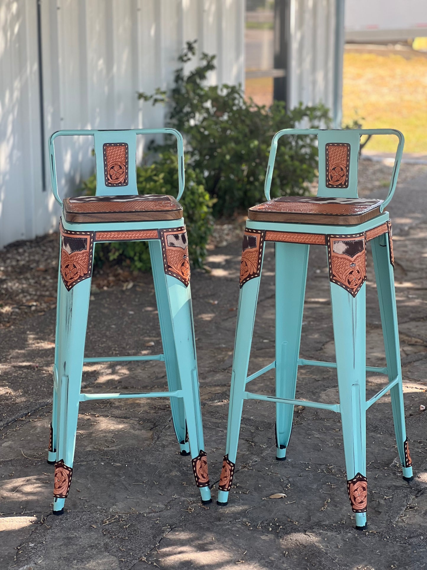 (STOCK!) SET OF 2 TURQUOISE SWIVEL  BAR STOOLS WITH COW SUEDE INLAY