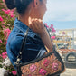 Black croc handbag golden leather patch with Malibu Barbie