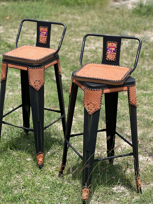 Set of 4 pairs of black swivel bar stools with hand cut logo
