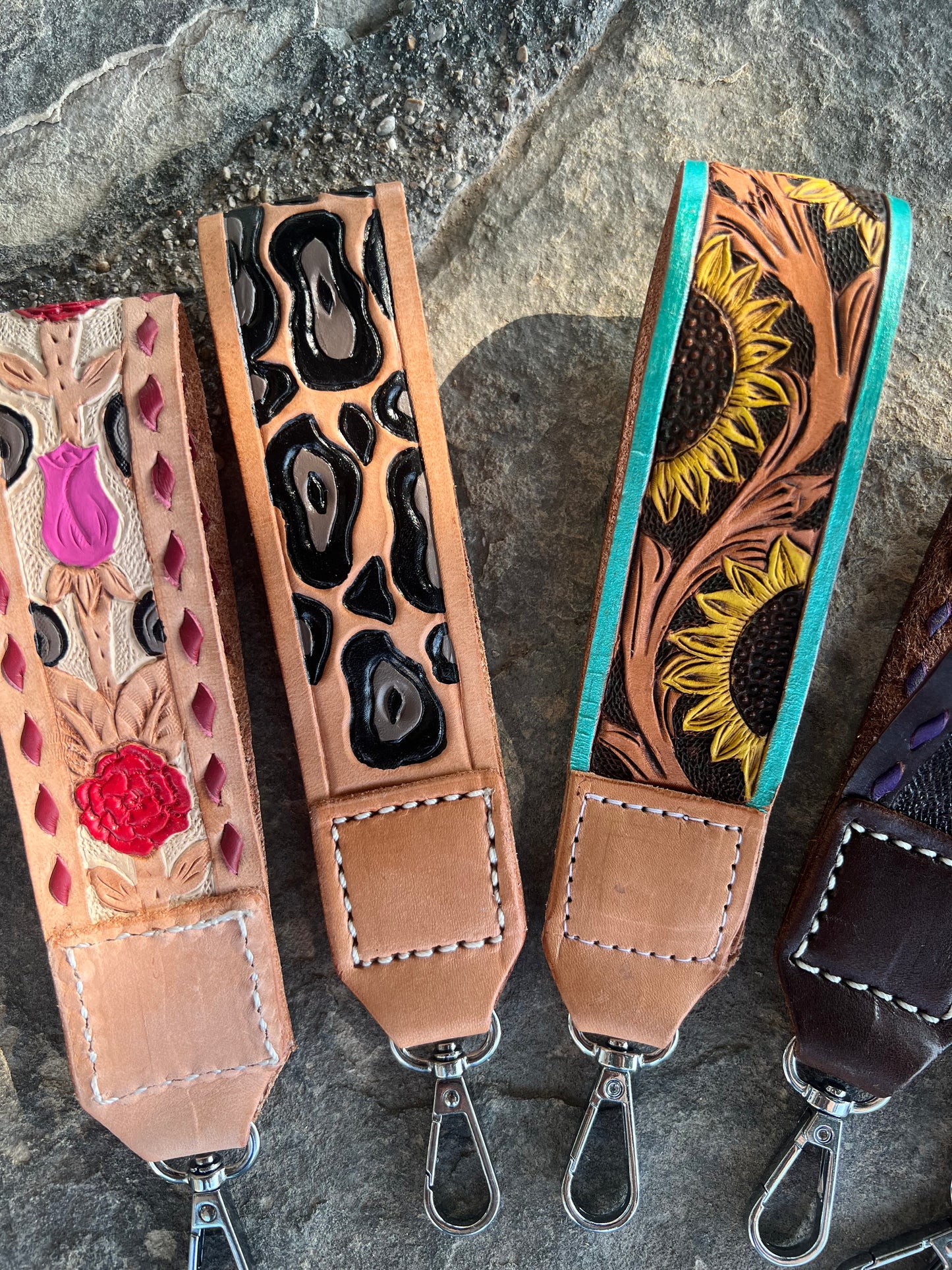 Floral tooled leather keychains
