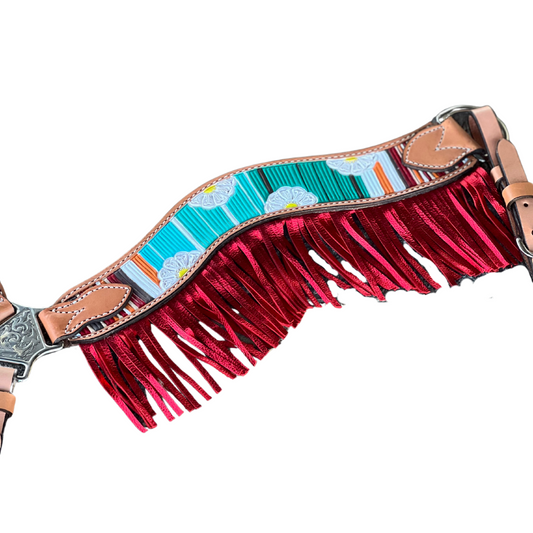 3F17-Serape Daisy 2-1/2" Wave breast collar golden leather Serape Daisy tooled w/ serape paint and fringe