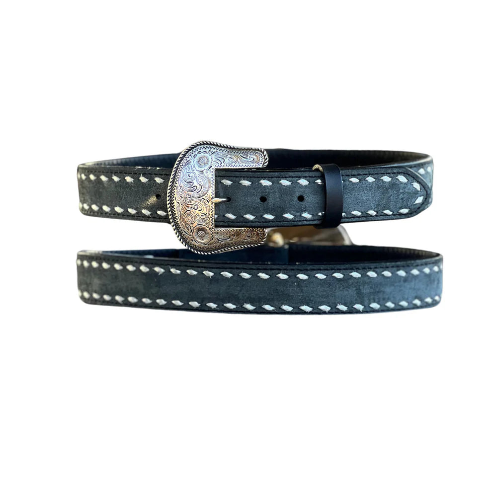 1.5" Straight TBS Belt Rough-out Black Leather w/ Buckstitch