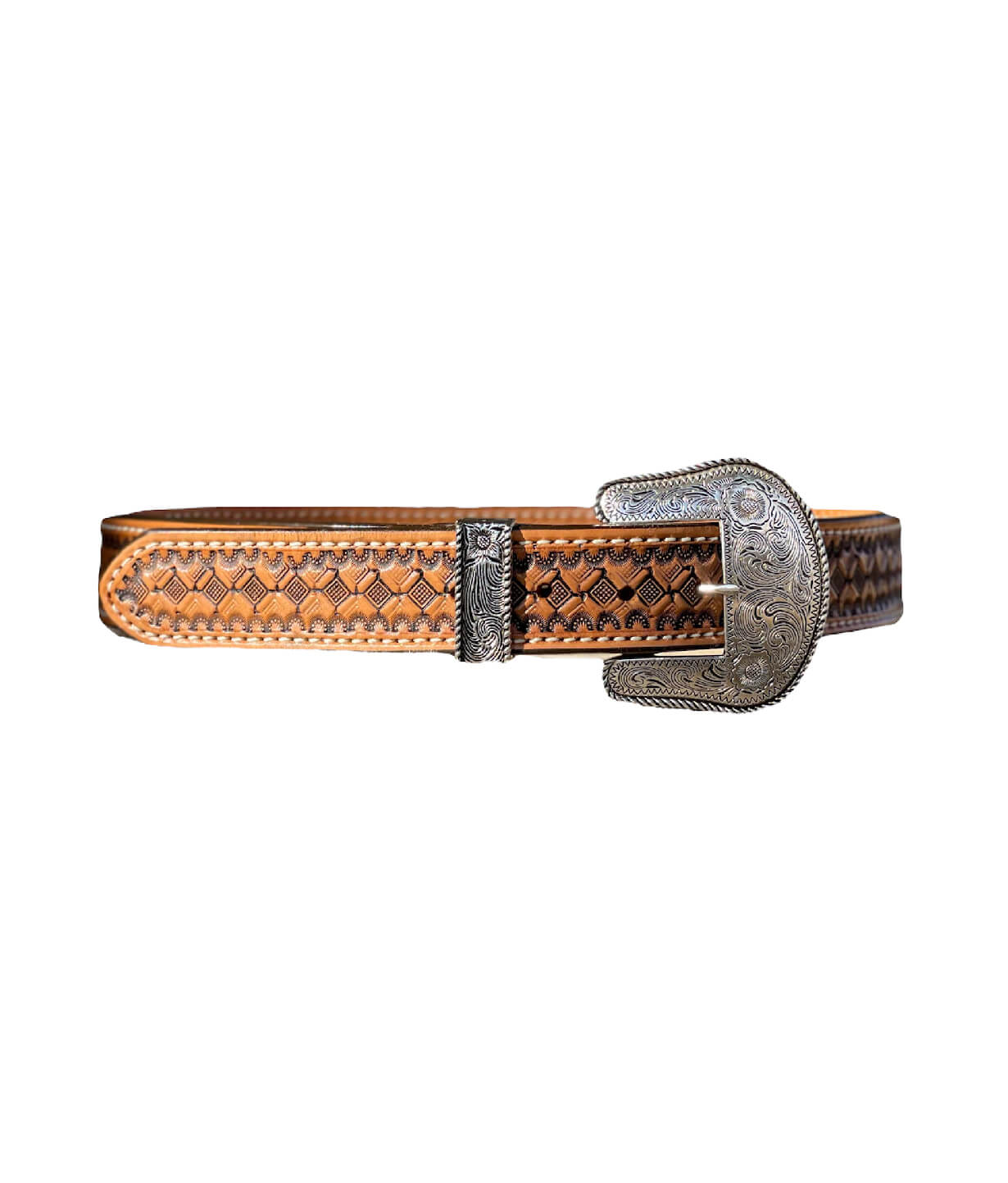This is our STRAIGHT golden leather belt with waffle tooling and an antique finish. It comes with a silver belt buckle and silver belt loop.