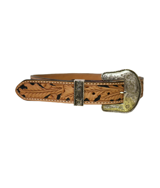 This is our men's STRAIGHT golden leather belt with black painted background and acorn tooling. It comes with a silver belt buckle and silver belt loop.  